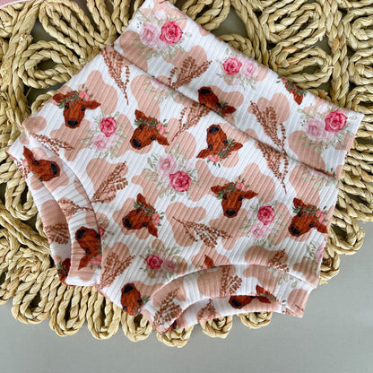Western baby girl bummie clothing - handmade custom highland cow print - Texas toddler - cow print shorties - baby shower gift - pink bow