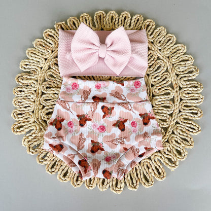 Western baby girl bummie clothing - handmade custom highland cow print - Texas toddler - cow print shorties - baby shower gift - pink bow