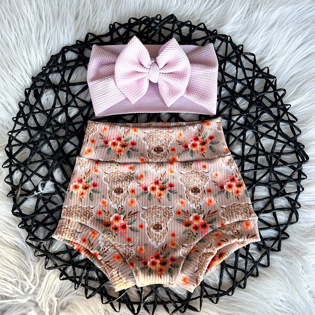 Western baby girl bummy clothing for baby shower gift, handmade floral highland cow print, Texas toddler Cow Print shorties, western baby