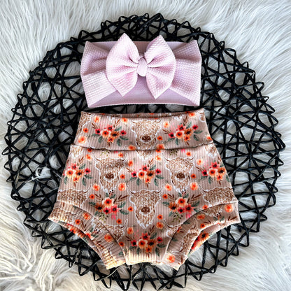 Western baby girl bummy clothing for baby shower gift, handmade floral highland cow print, Texas toddler Cow Print shorties, western baby