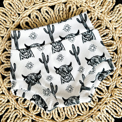 Western baby girl bummie clothing - handmade cactus highland cow - Texas toddler - cow print shorties - baby shower gift - black velvet bow