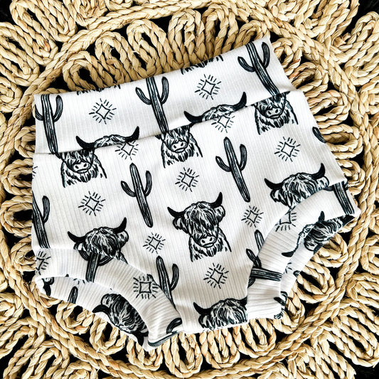 Western baby girl bummie clothing - handmade cactus highland cow - Texas toddler - cow print shorties - baby shower gift - black velvet bow