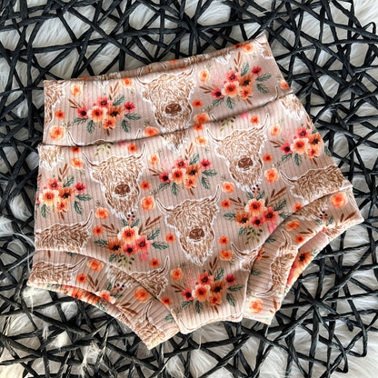 Western baby girl bummy clothing for baby shower gift, handmade floral highland cow print, Texas toddler Cow Print shorties, western baby