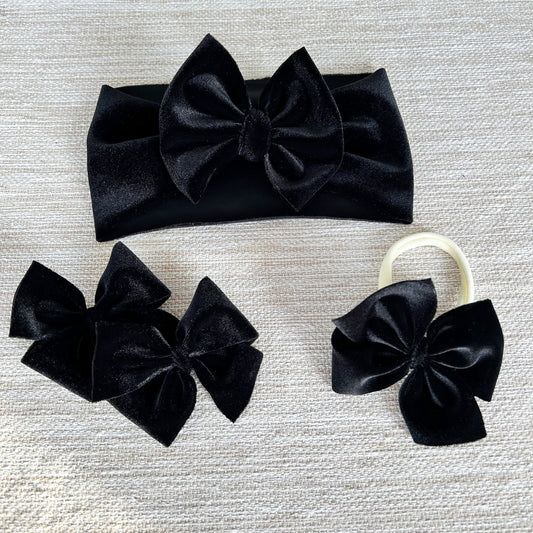 Black Velvet baby girl headwrap bow and piggies for toddlers, Pinwheel Piggies nylon bow headband. Newborn gift kids birthday present