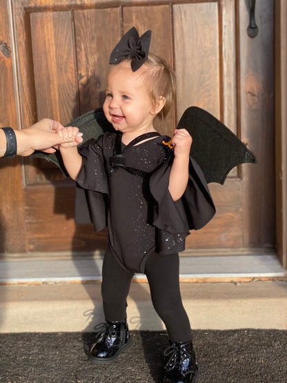 Baby Girl’s Black Bat Halloween Tutu Leotard Costume, Bat Toddler Costume, bat baby costume, sparkle black top for baby girl halloween