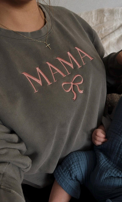 MAMA Bow Sweatshirt Crewneck, Gift for Mother’s Day, Momma Personalized Crewneck Girl Coquette Sweatshirt, Comfort Colors® mama crewneck