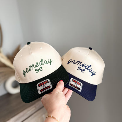 Sports baseball Gameday Bow Vintage Trucker Hat, Game Day Two Tone Hat for Football Game, Snapback Gift for sports, trendy vintage trucker