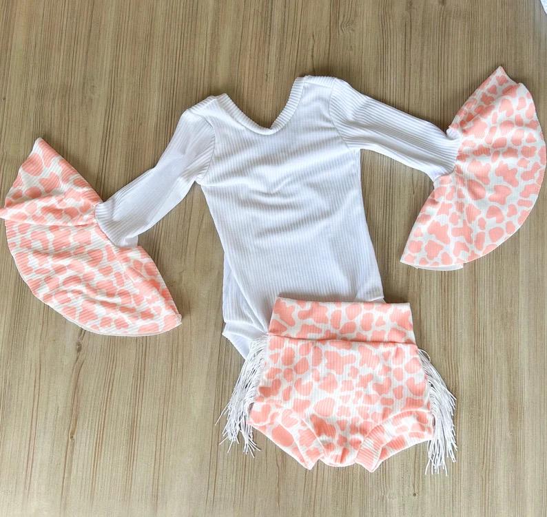 trendy baby Girl’s cowgirl Halloween Leotard Costume, western Toddler girl Costume, baby 1st cow costume, cow spot for baby girl halloween