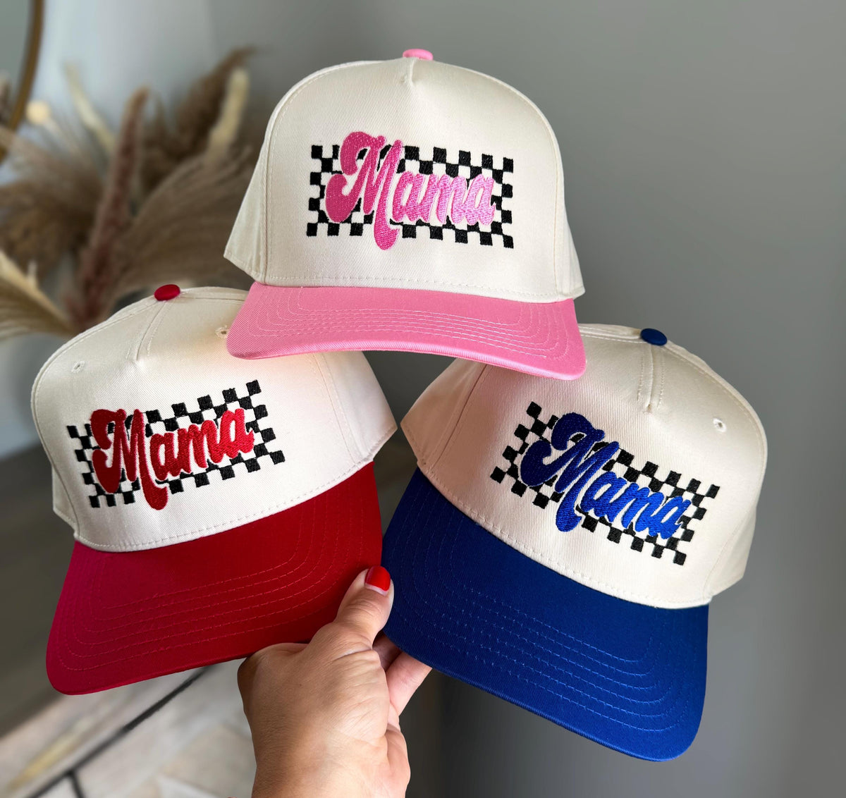 Checkered Mama baseball cap, Retro Checkered Mom Trucker Hat, Gift for Mom, Racing Hat for moto mom, pregnancy announcement hat idea
